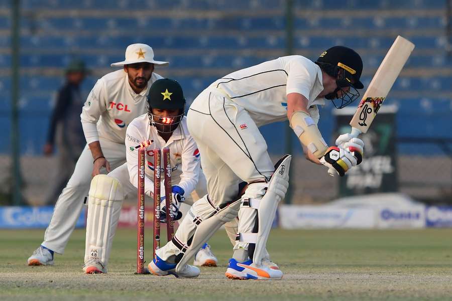 Michael Bracewell is clean bowled by Pakistan's Abrar Ahmed during the final day of their first Test match.