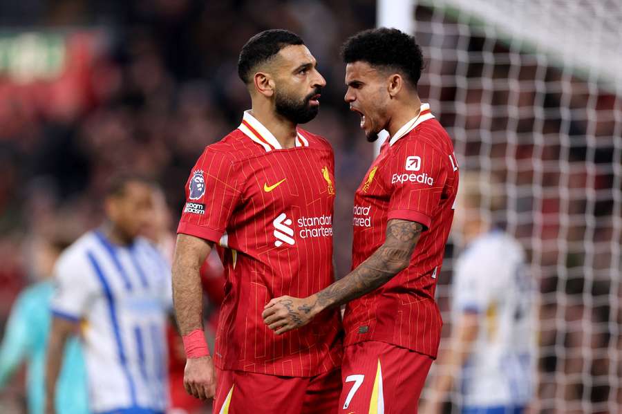 Mohamed Salah of Liverpool celebrates scoring his team's second goal with teammate Luis Diaz 