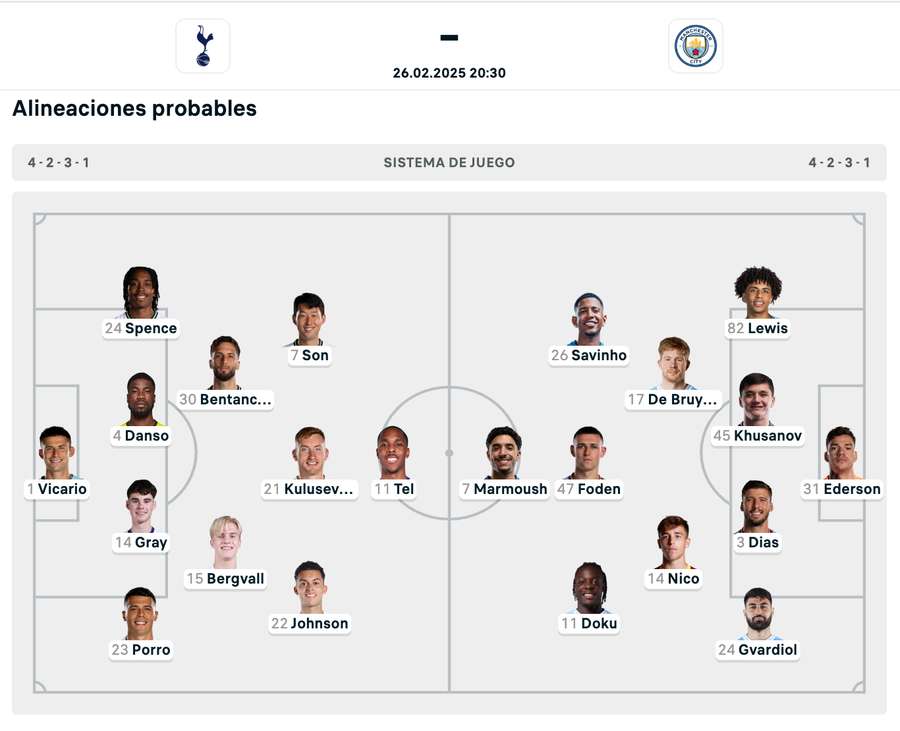 Las alineaciones probables del Tottenham-City Las alineaciones probables del Tottenham-City
