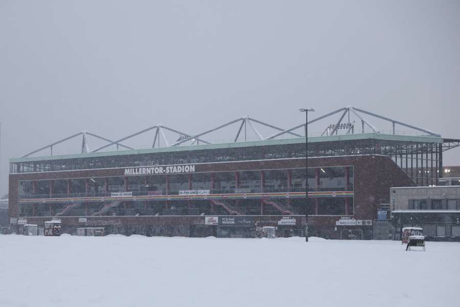 View of the Millerntor Stadium surrounded by snow View of the Millerntor Stadium surrounded by snow