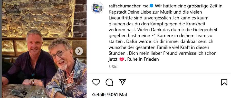 Ralf Schumachers Nachricht auf Instagram