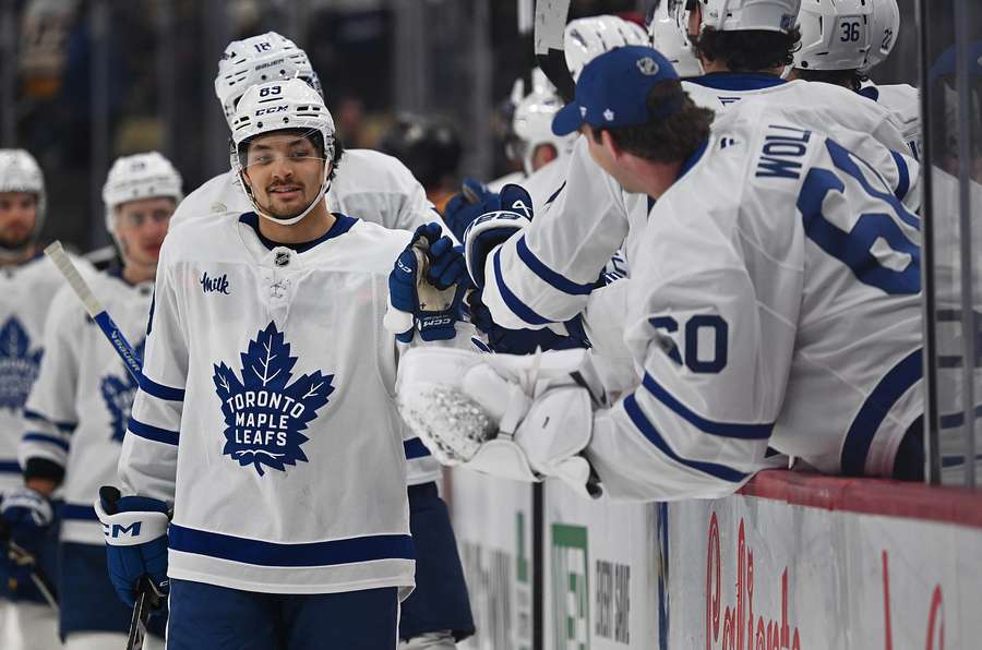The Toronto Maple Leafs celebrate a goal during their win in the NHL on Saturday.