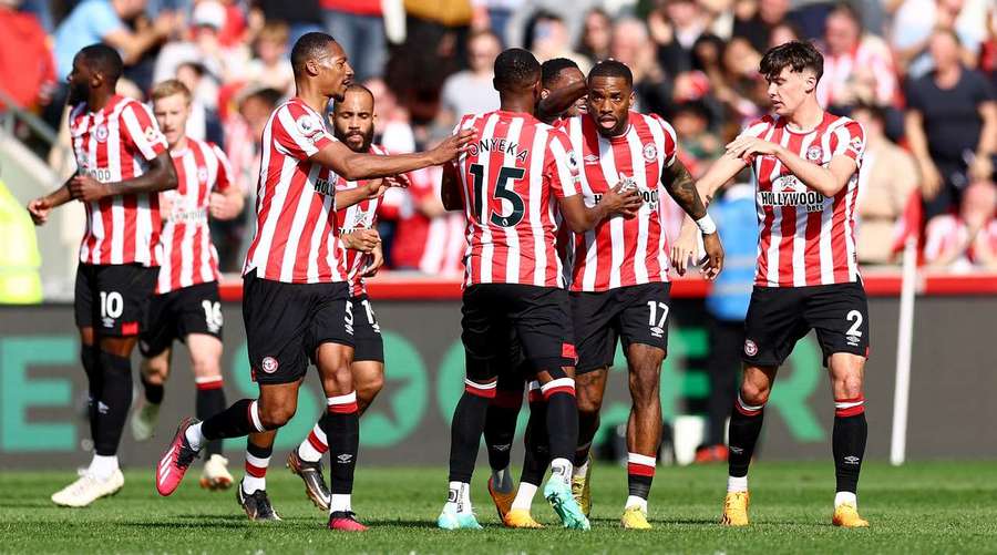 Brentford's Ivan Toney fires a daisy-cutter inside the right post from the free kick just outside the box to equalise against Forest