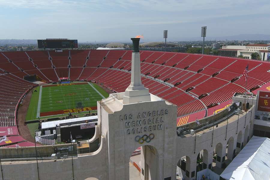 A general overall aerial view of the Los Angeles Memorial Coliseum peristyle and Olympic torch