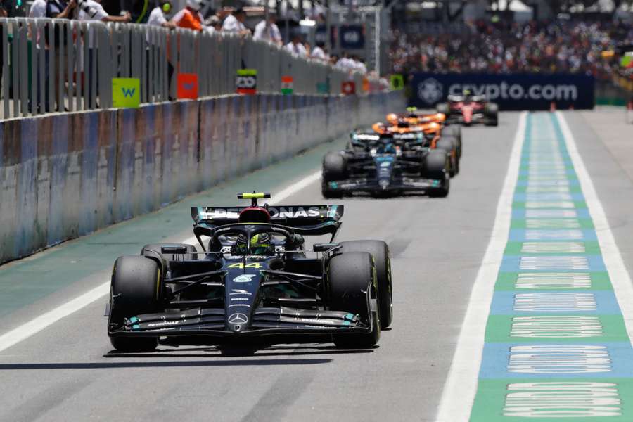 Lewis Hamilton leaves the pit during sprint qualifying at Interlagos on Saturday Lewis Hamilton leaves the pit during sprint qualifying at Interlagos on Saturday