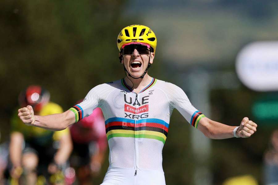 Tadej Pogacar celebrates winning stage three Tadej Pogacar celebrates winning stage three