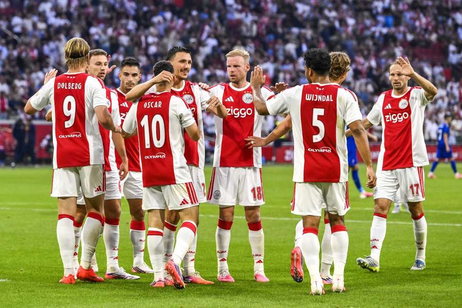 Ajax celebrate a goal from Oscar Gloukh against Vojvodina Ajax celebrate a goal from Oscar Gloukh against Vojvodina