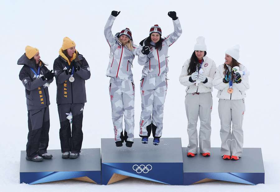 The medalists on the podium after the women's combined final
