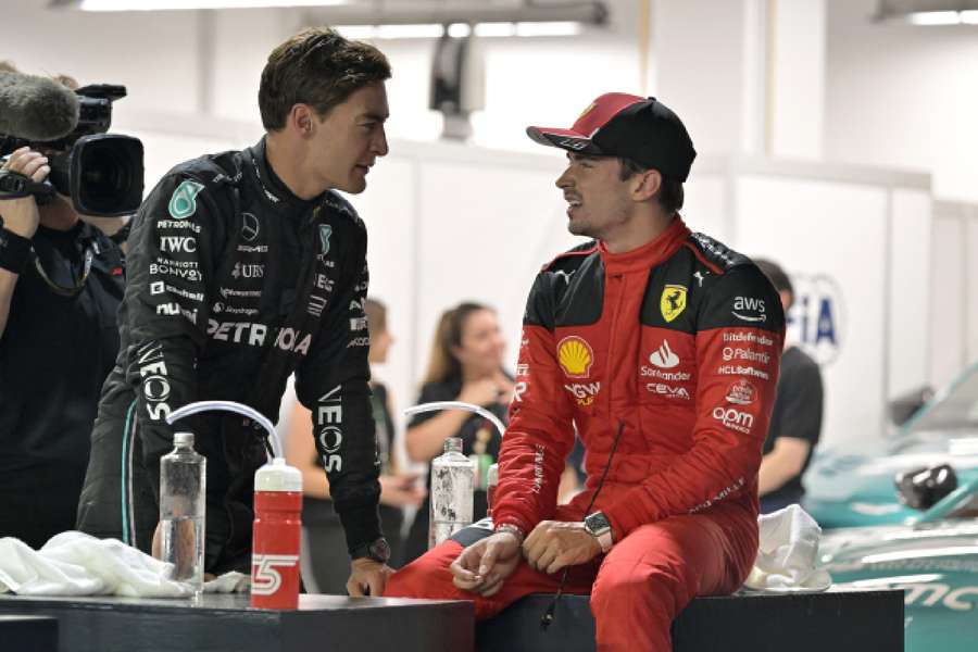 Second place Mercedes' George Russell and third place Ferrari's Charles Leclerc after qualification