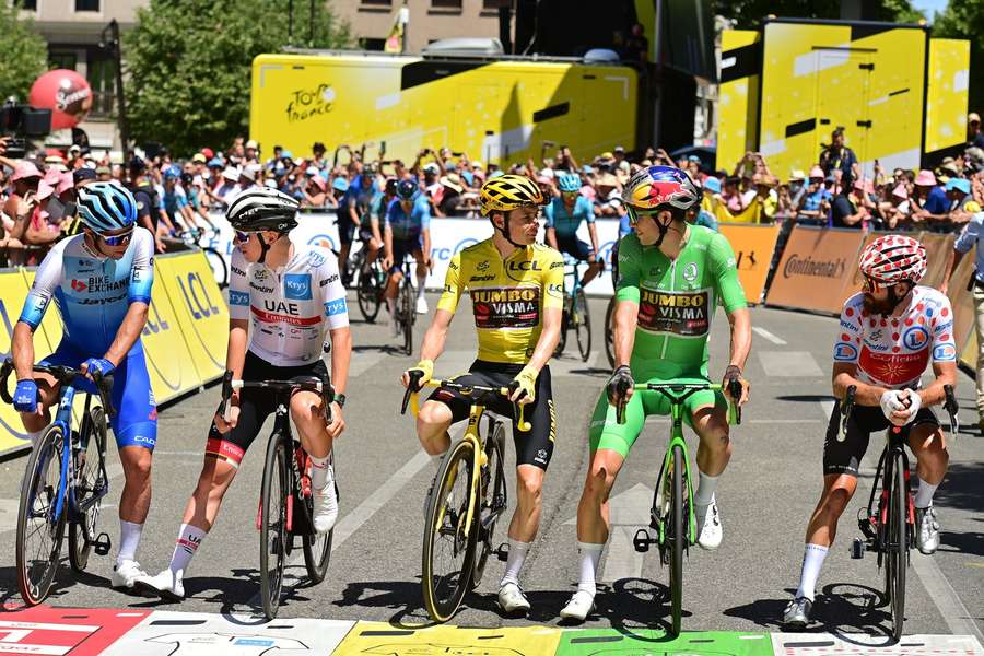 Michael Matthews, Tadej Pogacar, Jonas Vingegaard, Wout van Aert and Simon Geschke before the start of the Tour de France in 2022 