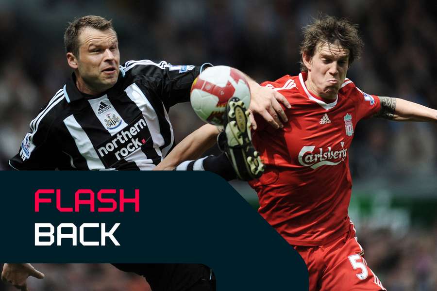 Newcastle United's Mark Viduka (left) challenges Liverpool's Daniel Agger during a Premier League football match in 2009