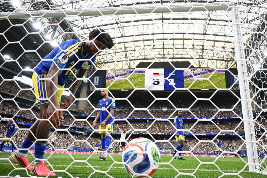 Jearl Margaritha collects the ball after Germany's Deniz Undav scores their sixth goal Jearl Margaritha collects the ball after Germany's Deniz Undav scores their sixth goal