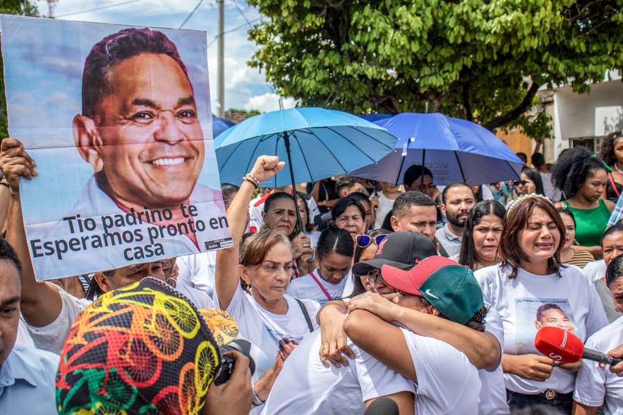 Family and friends of Liverpool forward Luis Diaz take part in a demonstration to ask for the release of Diaz's father in Barrancas, Colombia