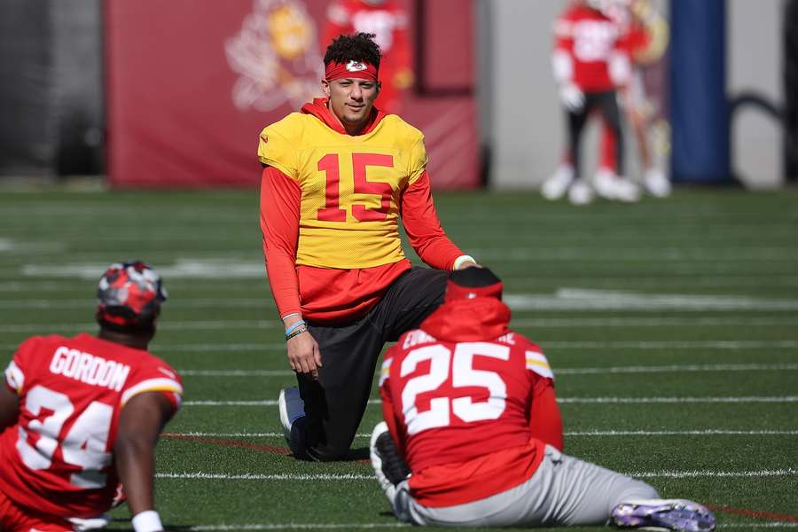 Patrick Mahomes of the Kansas City Chiefs participate in practice