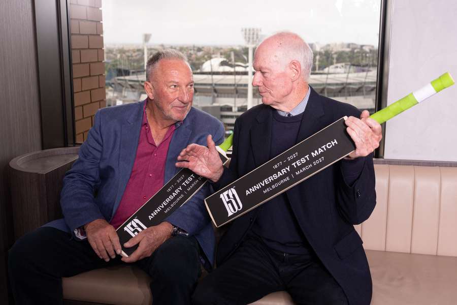 Cricket legends Ian Botham and Greg Chappell discuss cricket at the Pullman Hotel, overlooking the Melbourne Cricket Ground. 