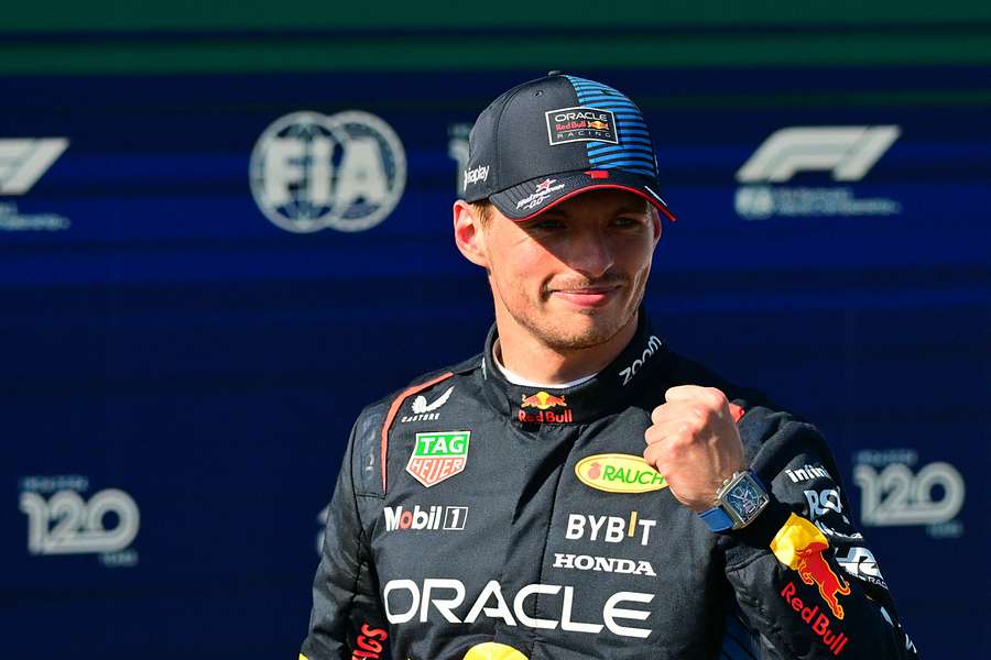 Red Bull's Max Verstappen celebrates after qualifying on pole position for the Emilia Romagna Grand Prix 