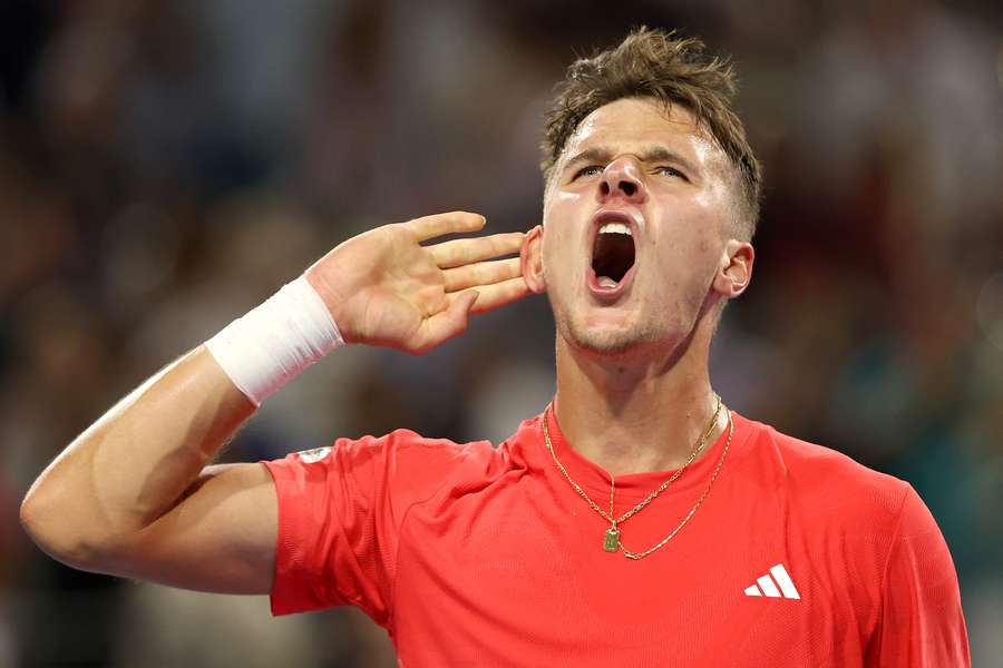 Jakub Mensik of the Czech Republic celebrates his win against Taylor Fritz of the United States