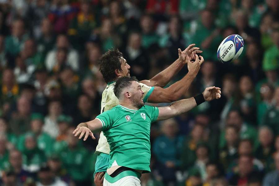 Peter O'Mahony (front) jumps for the ball during Ireland's match against South Africa