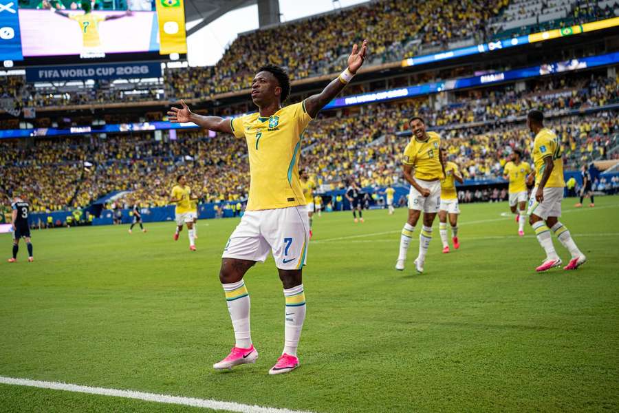 Brazil's Vinicius Junior celebrates after scoring against Scotland 
