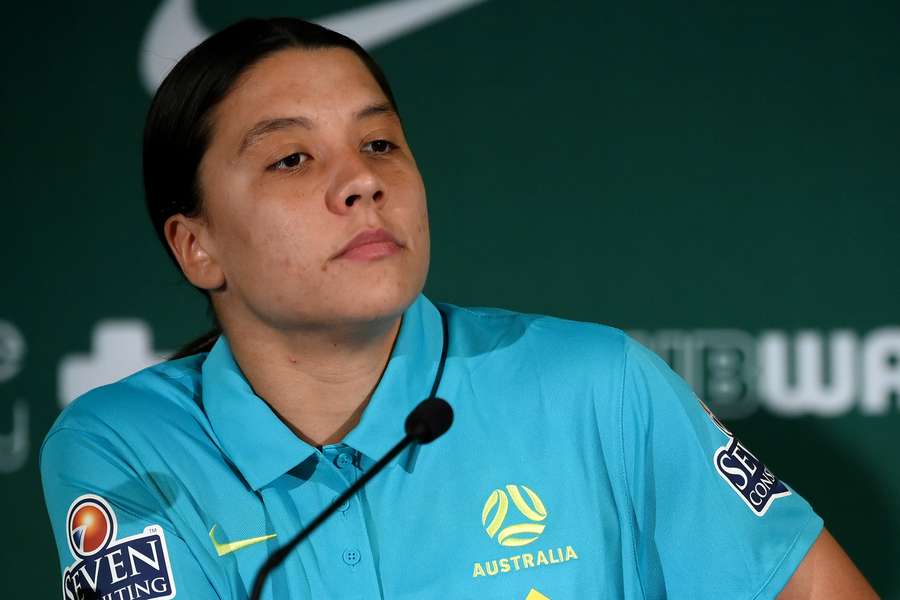 Australian forward Sam Kerr speaks during a press conference at Queensland Sport and Athletics Centre in Brisbane 