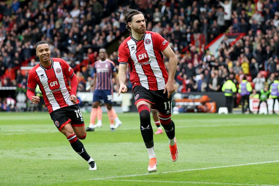 Ben Brereton Diaz of Sheffield United celebrates scoring his team's first goal from a penalty kick