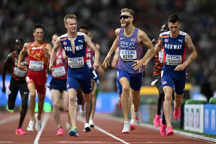 Britain's Josh Kerr crosses the finish line to win the men's 1500m final