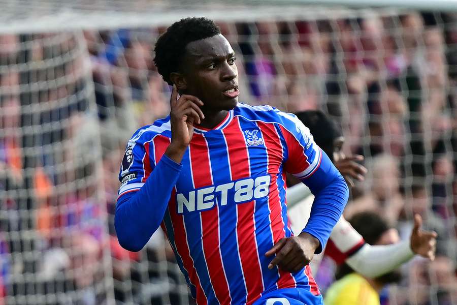 Eddie Nketiah celebrates after scoring a late winner for Crystal Palace against Liverpool on Saturday