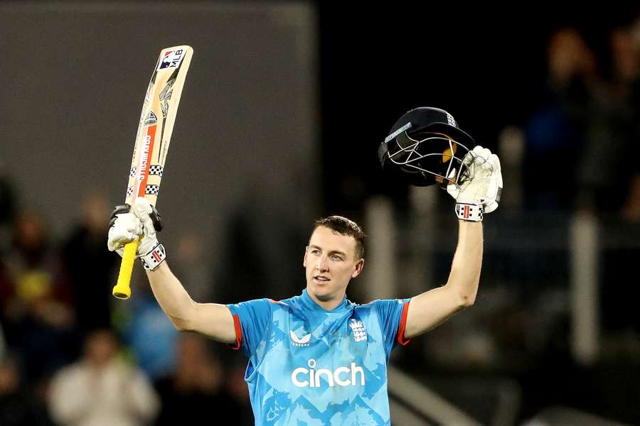 Harry Brook celebrates his first century during the third ODI between England and Australia on Tuesday