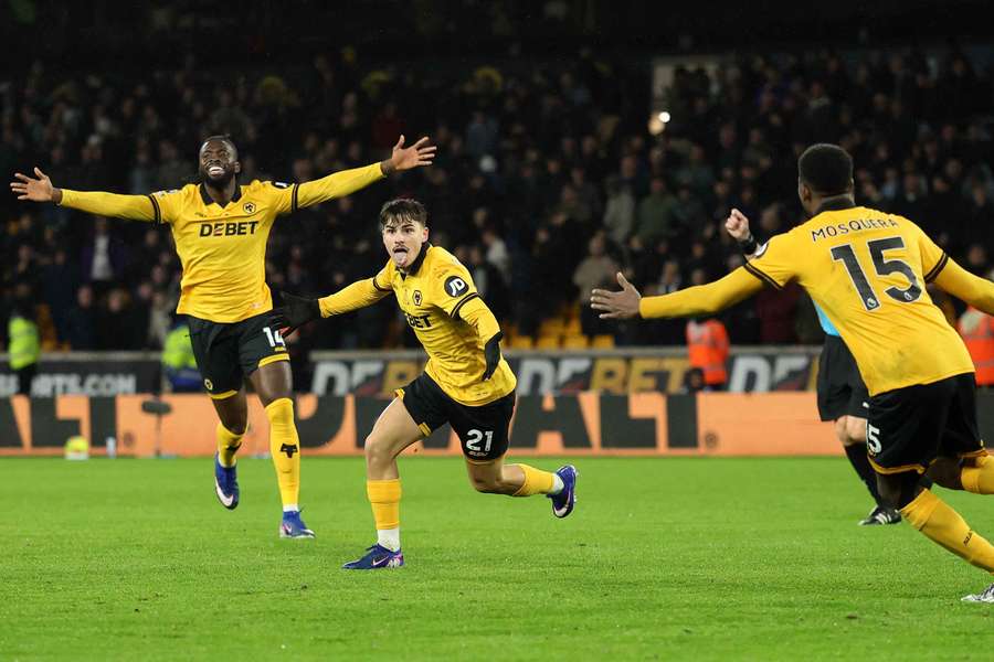 Rodrigo Gomes of Wolverhampton Wanderers celebrates scoring his team's second goal 
