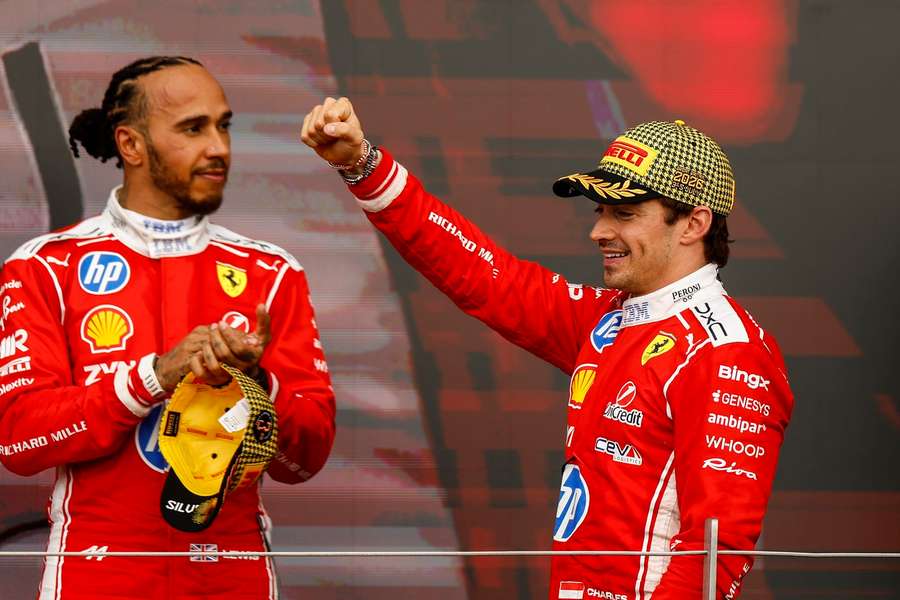 Lewis Hamilton and Charles Leclerc on the podium at the British Grand Prix Lewis Hamilton and Charles Leclerc on the podium at the British Grand Prix