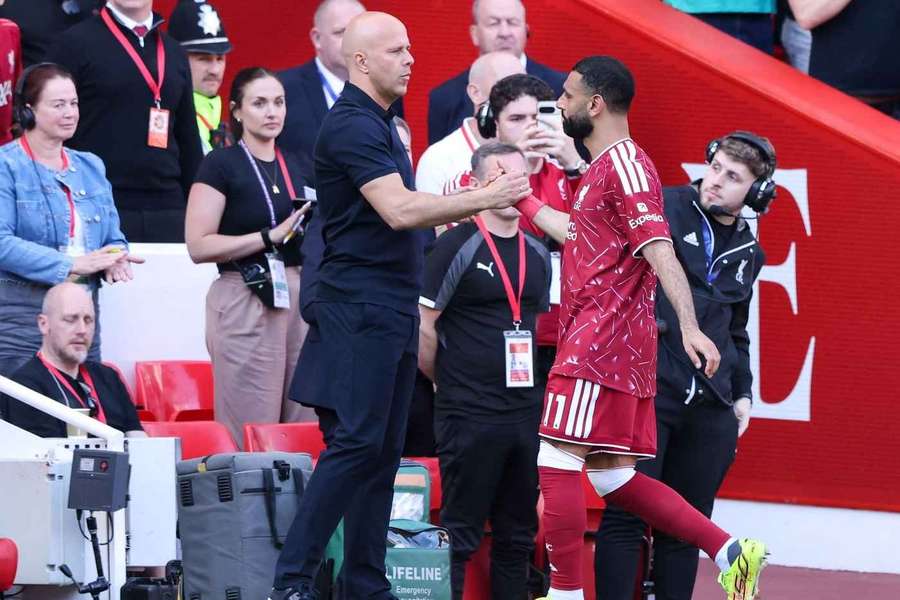 Liverpool manager Arne Slot shakes the hand of Mo Salah as he leaves the pitch at Anfield for the last time Liverpool manager Arne Slot shakes the hand of Mo Salah as he leaves the pitch at Anfield for the last time