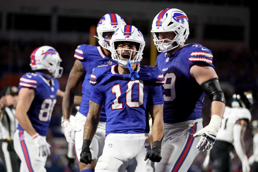 Khalil Shakir of the Buffalo Bills celebrates a touchdown during the second quarter against the Jacksonville Jaguars