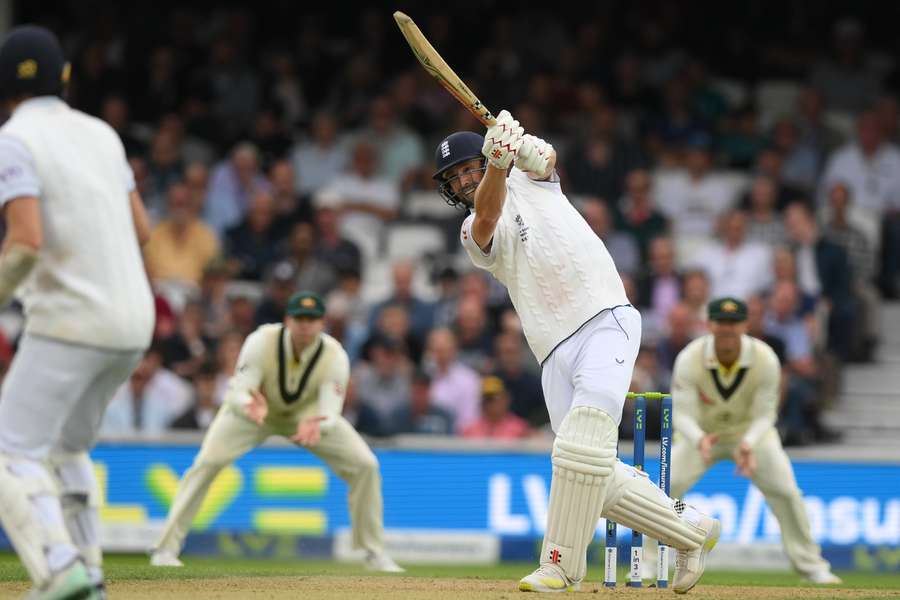 Chris Woakes hits a boundary on the opening day of the fifth Ashes Test