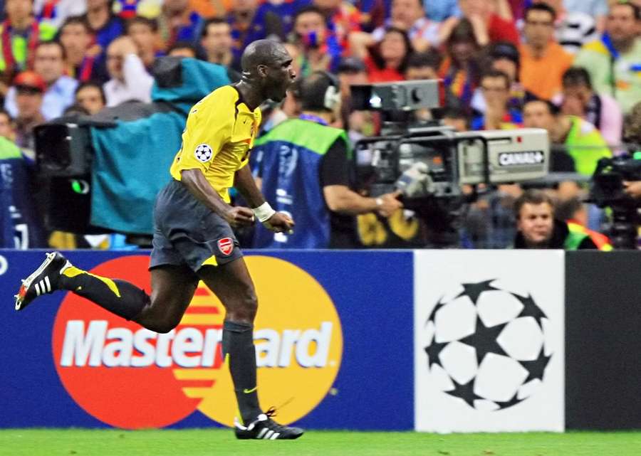Arsenal's English defender Sol Campbell celebrates after scoring during the UEFA Champion's League final in 2006 Arsenal's English defender Sol Campbell celebrates after scoring during the UEFA Champion's League final in 2006