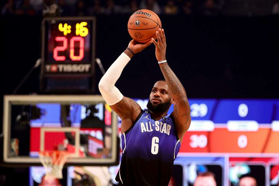 LeBron James of the Los Angeles Lakers shoots during the 2023 NBA All-Star Game