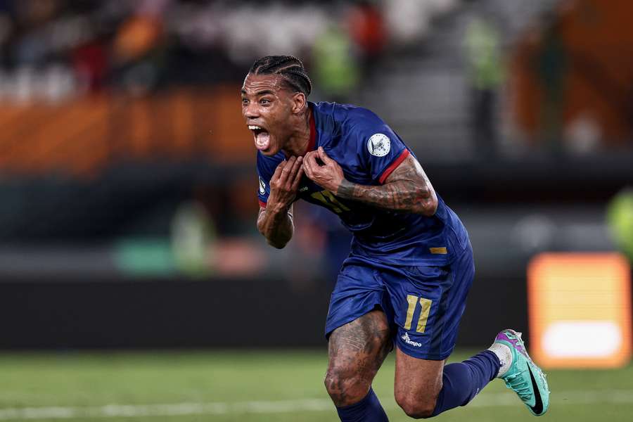 Cape Verde's forward #11 Garry Rodrigues takes off his jersey as he celebrates scoring his team's second goal