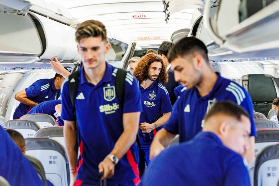 Los jugadores de España, en el avión.