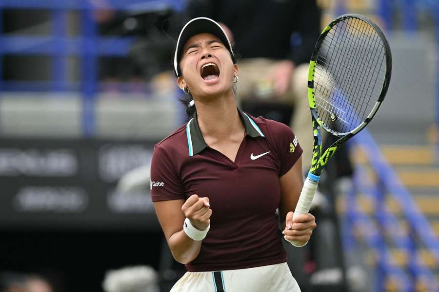 Alexandra Eala celebrates reaching the Eastbourne final