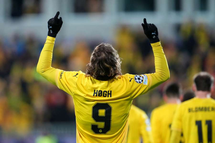 Kasper Hogh of Bodo/Glimt celebrates scoring his team's second goal against Man City