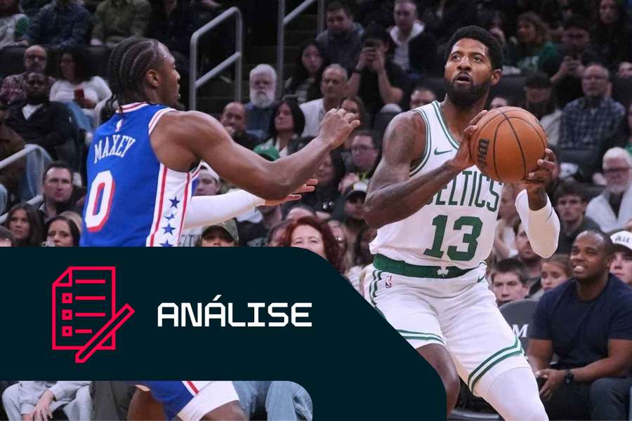 Paul George penetra para o cesto frente a Tyrese Maxey na pré-época da NBA Paul George penetra para o cesto frente a Tyrese Maxey na pré-época da NBA