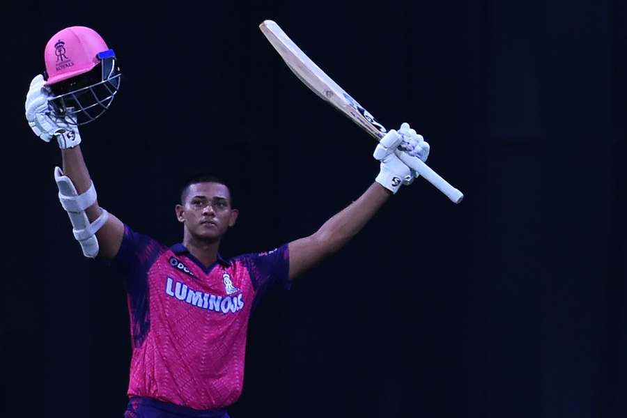 Rajasthan Royals' Yashasvi Jaiswal gestures to the spectators after his dismissal during the Indian Premier League (IPL) Twenty20 cricket match between Mumbai Indians and Rajasthan Royals