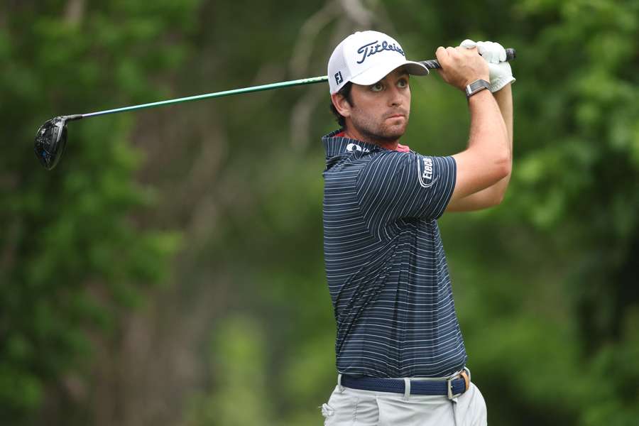 Davis Riley hits a tee shot on the way to the 36-hole lead in the US PGA Tour Charles Schwab Challenge in Texas