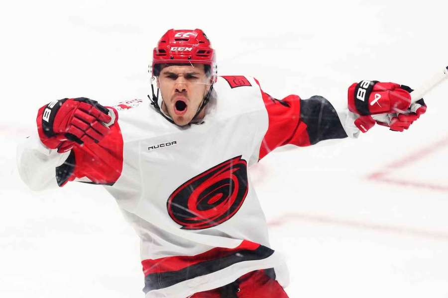 Hurricanes Logan Stankoven celebrates goal in Game 3 against Ottawa Senators