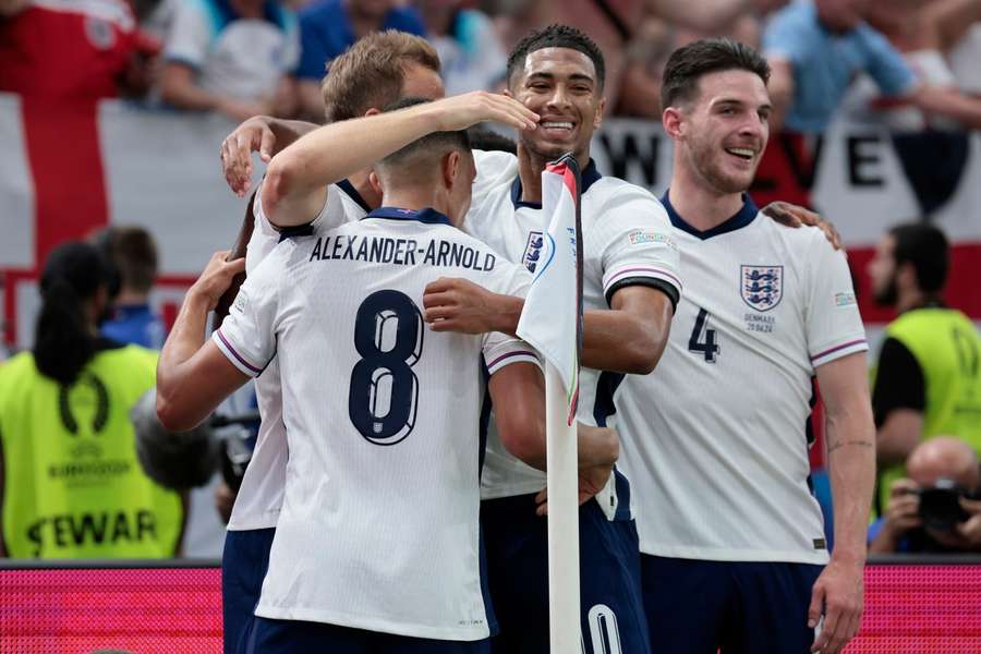 England's Declan Rice, Jude Bellingham, Trent Alexander-Arnold and Harry Kane celebrate