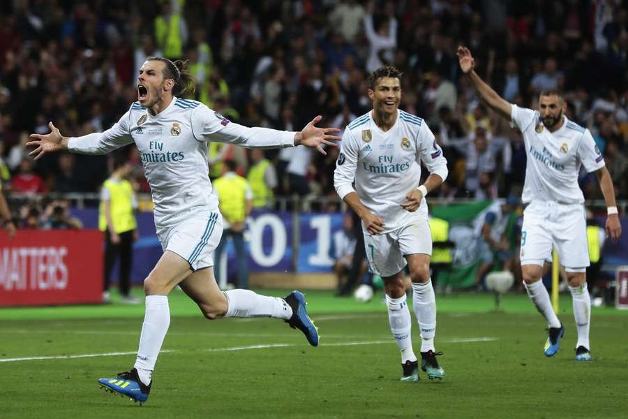 Bale celebra uno de sus goles en la final de Kiev en 2018.