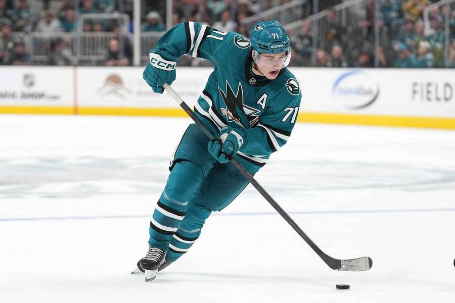San Jose Sharks' Macklin Celebrini handling the puck San Jose Sharks' Macklin Celebrini handling the puck