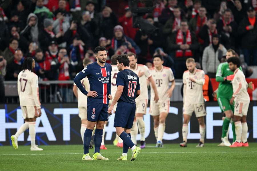 Gonçalo Ramos e João Neves, portugueses do PSG, enquanto o Bayern festejava o golo