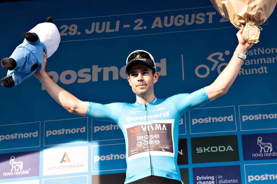 Wout van Aert celebrates winning the second stage of the Tour of Denmark Wout van Aert celebrates winning the second stage of the Tour of Denmark