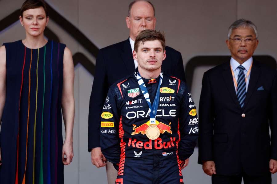 Verstappen stands on the podium after winning the Monaco Grand Prix