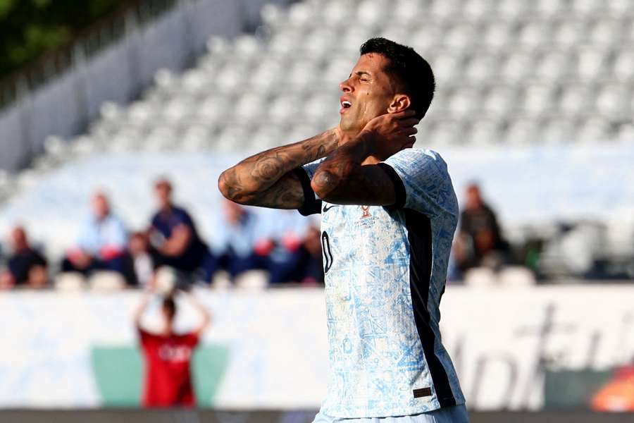 Joao Cancelo reacts during a pre-Euro friendly with Croatia